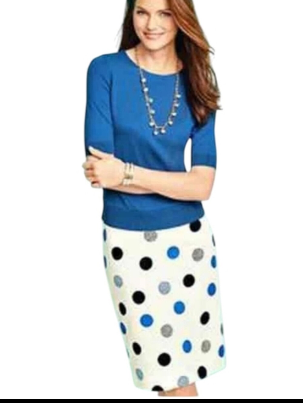TALBOTS POLKA DOT COTTON White/Blue/Black Pencil SKIRT coastal Preppy Sz 2